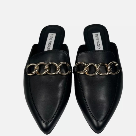 Steve Madden Black Pointed Toe Chain Mules Slides Size 8.5 Minimalist - Picture 1 of 9
